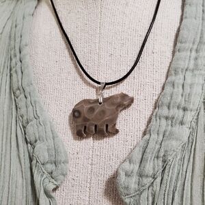 Bear Shaped Petoskey Stone Slice 18" Brown Leather Cord Pendant Necklace .925